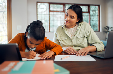 Image showing Child, homework and learning with mother while writing in notebook for virtual education class at table at home with support, care and supervision. Woman helping girl with school work in house