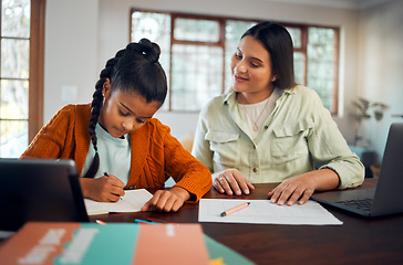 Image showing Mother, girl or technology in homework help, distance learning course or house lockdown education in dining room. Smile, happy mom or woman teaching student on paper documents, tablet or study laptop