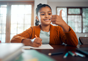 Image showing Student, school and education, girl with math homework and counting, learning at family home and happy with study. Academic, scholarship and writing, learn for development with primary school pupil.