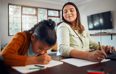 Image showing Homeschool, girl with homework or mother writing, learning or studying in house. Mama watch daughter write in notebook, remote and happy working from home, relax or focus on notebook and freelancer