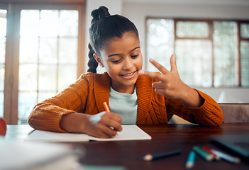 Image showing Home, math and child with numbers on hands for education, learning and knowledge at living room table on notebook and stationery. Hand calculation and girl or student at desk writing notes for class