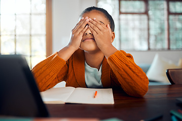 Image showing Stress, anxiety and home school, student and girl frustrated with anxiety, elearning problem and mental health. Tired sad child with burnout of studying, depression and crying about education mistake