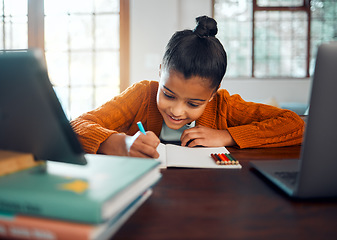 Image showing E learning, writing and child in home education, online course and learning on laptop, notebook and stationery for mind development. Happy kid drawing in book for school, knowledge and virtual class