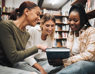 Image showing Student, friends and book in school library for education, learning or knowledge together at university. Students smile for book club, books or information for research assignment or group project