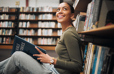 Image showing Student, thinking and reading books library floor for knowledge, college education and research planning. University bookshop, young girl learning and happy vision for scholarship or study for exam