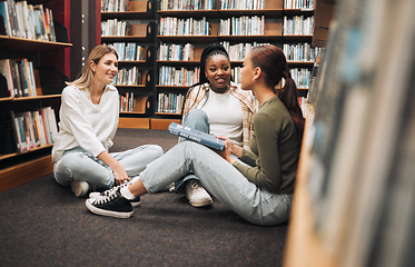 Image showing Library, book and group of women reading for education, research and knowledge at university. Discussion, scholarship and female students studying for a test, exam or assignment together at college.