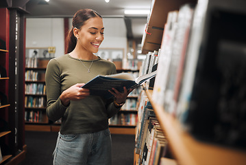 Image showing Reading, library book and woman student with a smile about learning, books and college study. University, education and happy woman with research, scholarship and studying report for a knowledge test