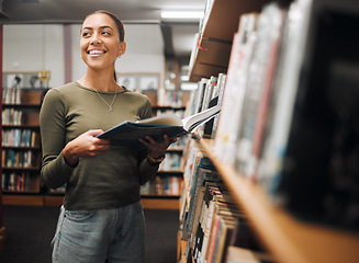 Image showing Student, happy and reading books in library for education learning or university research in bookstore. Bookshelf, college girl and thinking for studying, innovation ideas vision or fiction happiness