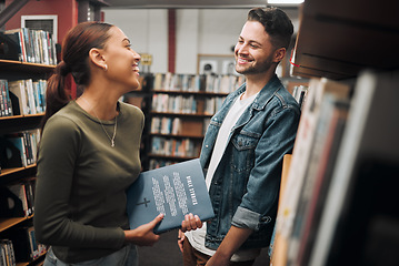 Image showing Man, woman and talking in library, knowledge and bonding with smile. Young female, male and students in bookstore, education and book for learning, studying or conversation for literature and novels.