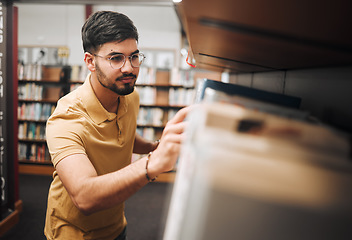 Image showing Books store, library and man choice of education product for university study, college learning or school research. Retail commerce service, shelf and student customer shopping for sales best seller