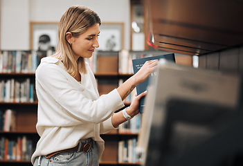 Image showing Bookshelf, search and woman at library for free learning, knowledge and education with studying, mind development and school. University student with language, history or creative research and books