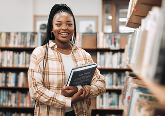 Image showing Portrait, black woman and library with book, knowledge and relax with free time. Nigerian female, student smile and customer in bookstore, for reading and literature for education, study and research