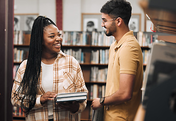 Image showing Books, library and couple of friends with study communication, research and project collaboration for idea, goals and learning. Nerd, diversity students by bookshelf for college, university or campus