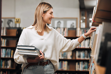 Image showing Books store, library choice and woman choosing best seller for university research, college study or school education learning. Commerce, retail shelf and student customer shopping for best seller