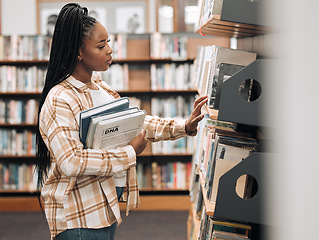 Image showing Books store, library choice and customer with retail decision for education product, university study or college research. Commerce bookshop service, shelf or African student shopping for best seller