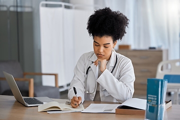 Image showing Black woman, doctor and writing in office for results, planning or prescription with focus for wellness. African woman, medical expert and notebook for healthcare, thinking and idea at hospital desk
