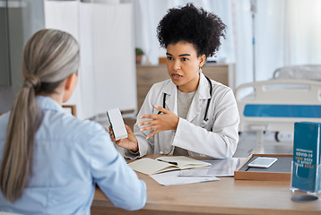 Image showing Health, consultation with doctor and patient, hospital and medicine prescription, healthcare and help at medical office. Women, communication and advice, health insurance and health care talk.