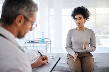 Image showing Healthcare, consulting and insurance with a black woman patient sitting in a hospital with her doctor. Medical, consultant and insurance with a female talking to a medicine professional for diagnosis