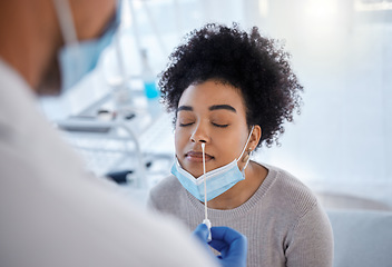 Image showing Covid, pcr test and cotton with black woman and doctor for consulting, medical and virus analysis. Global pandemic, results and research with patient and healthcare worker for safety and protection