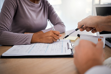 Image showing Doctor, patient and hands sign documents, notes and paperwork for life insurance policy, medical form or consultation. Closeup, woman and healthcare contract, surgery consulting and hospital planning