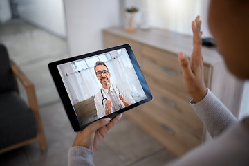 Image showing Doctor consulting patient on video call screen for telehealth communication, support and help with healthcare, insurance and advice. Medical man in zoom call on digital technology for virtual service