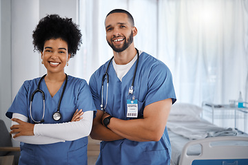 Image showing Doctor, portrait smile and arms crossed at hospital with vision for healthcare, phd or cardiology team. Happy medical experts standing in confidence for teamwork, health checkup or medicare at clinic