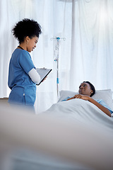 Image showing Consultation, black woman in hospital bed and nurse with clipboard for symptoms, questions or results. Health, wellness and sick patient consulting medical worker with checklist for help or recovery