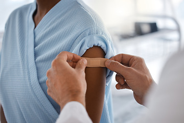 Image showing Healthcare, vaccination and patient with plaster from doctor in consultation room of hospital. Medicine, specialist and medical professional with bandage for woman after injection at medicare clinic.