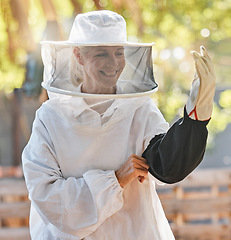 Image showing Beekeeper woman, smile and safety at farm with apiculture suit, vision or happy in summer harvesting time. Bee expert, ppe clothes or happiness in eco friendly production, small business and ready