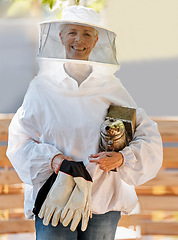 Image showing Beekeeper woman, safety portrait or farm with apiculture suit, vision or smile in summer harvesting time. Bee expert, ppe clothes or happiness in eco friendly manufacturing, small business or success