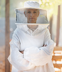 Image showing Portrait, beekeeper and woman with arms crossed at farm getting ready for work. Leadership, beekeeping and female small business farmer and mature worker preparing for honey harvest in safety suit.