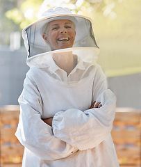 Image showing Beekeeper farmer and happy portrait of woman with cheerful smile in expert ppe and safety uniform. Happiness, pride and confidence of mature beekeeping person in suit for protection on farm.