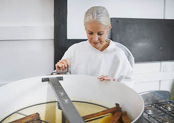 Image showing Beekeeper woman, factory and honey production with machine, focus and working in apiculture industry. Senior bee expert, harvesting process and extractor for job at agriculture warehouse in Florida