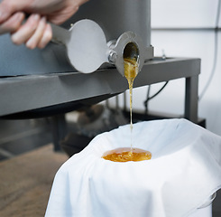 Image showing Honey manufacturing, machine and bee farming production process of eco friendly honeycomb. Agriculture, industrial factory and warehouse machinery for golden beeswax from bees and industry farms