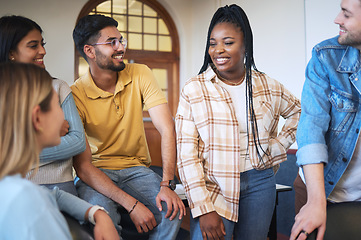 Image showing University, project and group of students in discussion for research, study or information in classroom. Happy, diversity and friends talking on education, learning and scholarship on college campus.