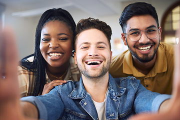 Image showing Diversity, happy students or friends selfie for social media, exam success or comic picture in classroom. Education, smile or people at college with university mindset or academic portrait in campus