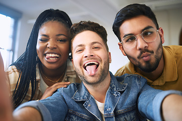 Image showing Comic, selfie and portrait of friends at university with funny face expression in humor, fun and crazy picture. Education, diversity and happy group of students at college, school and academic campus