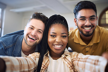 Image showing Happy, selfie or students face with smile for education success team building, collaboration or teamwork. Diversity, learning or friends for scholarship portrait, comic or happiness photo in class