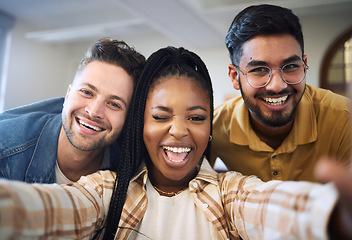 Image showing Friends, selfie and funny post with students together for social media content with a smile, wink and positive mindset for scholarship. Face portrait of men and black woman for profile picture