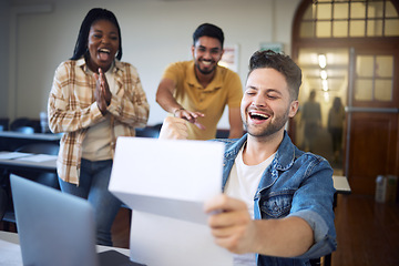 Image showing Happy students, university and reading results, document and letter with success for exam, test report and education goals. College, friends and achievement on paper, notes or scholarship information