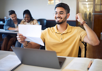 Image showing Man, student and excited with letter, laptop for typing and achievement for scholarship. Indian male, documentation with positive outcome and celebration for result, victory or approved application