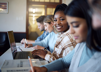 Image showing Black woman, student and smile with laptop for education, learning or university scholarship in class. Portrait of African American female learner smiling with computer for academic research or study