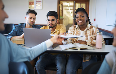 Image showing University, students and group project with teamwork sharing paper, documents and information for research homework. College, student diversity and friends working together for marketing presentation