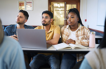 Image showing Students, diversity or laptop in school classroom, lecture or lesson on college, university or education campus. Men, black woman or study people with technology, research textbooks or learning goals