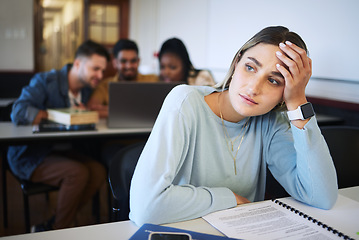 Image showing Stress, education and study with woman in classroom for exhausted, mental health and anxiety in college. Learning, books and exam with girl university student for fatigue, tired and burnout in school