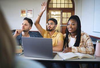 Image showing Hand, question and students group with laptop for classroom engagement, education and knowledge with diversity, thinking and idea. University, college or school friends with project proposal in class