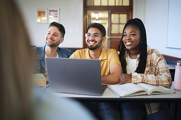 Image showing Students, laptop or classroom diversity on school, college or university campus for education, learning or studying. Smile, happy men or black woman and learning technology, notebooks or future goals