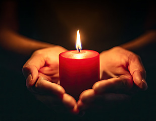 Image showing small candle burning held in hands on black background generative ai