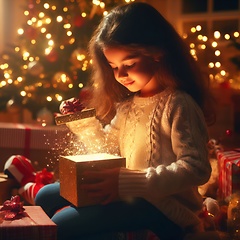 Image showing young child opening a wondrous glowing gift on christmas morning generative ai