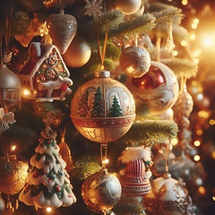 Image showing closeup of beautiful tree with lights and ornaments generative ai